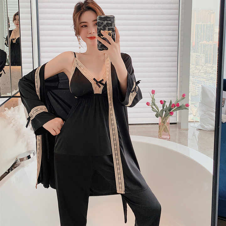 New Arrival 3 Pieces Ice Silk Satin Robe with Lace Pants Sexy Homewear Women Pajamas Kimono Robe Set 