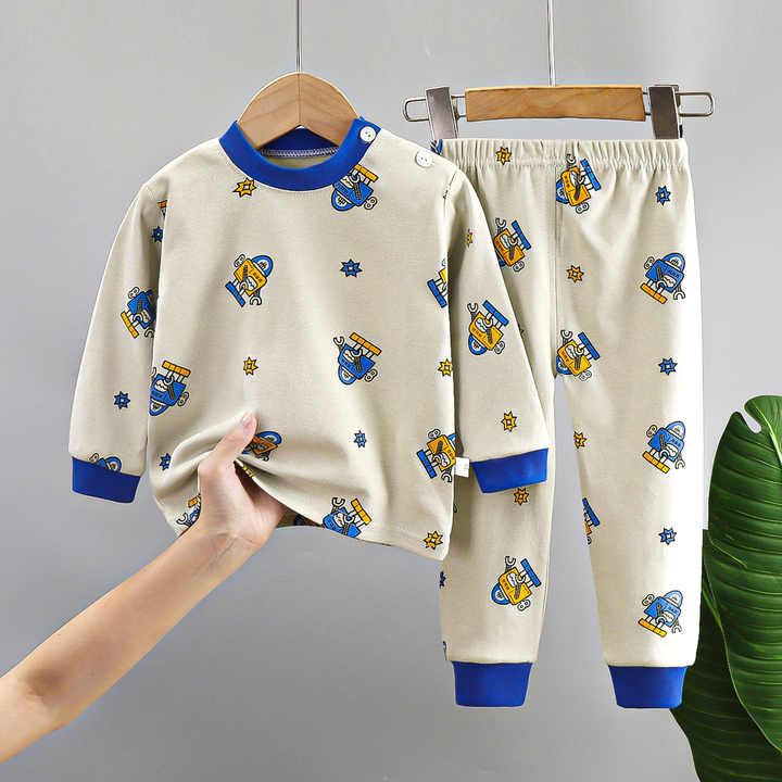 Long Cotton Sleepwear for Kids Cotton Round Neck Pajamas for Children Boys Girls Home Clothes 2 Piece Sets 