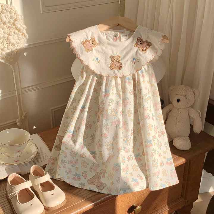 Summer Children's Floral Vest Skirt Girl Clothes- فستان بناتي مطرز على شكل دب وياقة