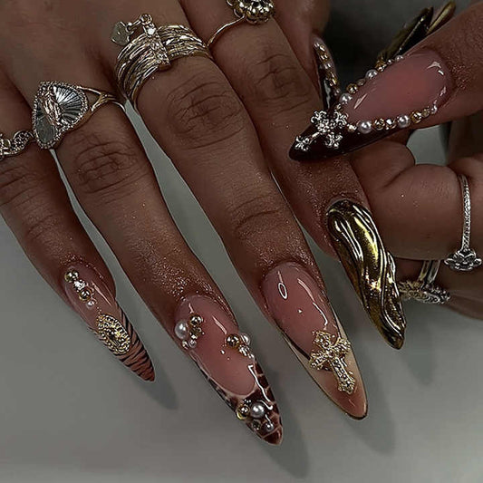 French Leopard Print 3D Diamond Pointed-Triple False Nails 