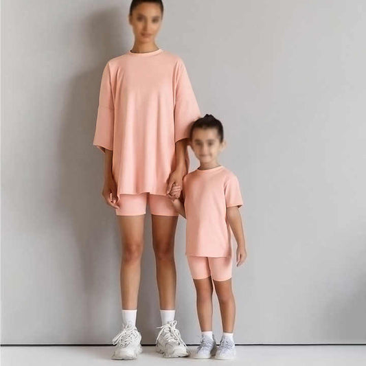 Summer Mother and Daughter Casual 10 Set Cotton Short Sleeve T-shirt and Plain Dyed Pants Parent-child Clothes for Girls 
