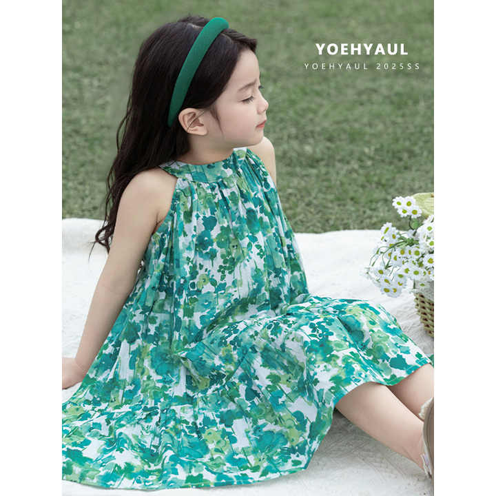 YOEHYAUL X4925 فساتين بناتي بدون أكمام بحزام 1 سنة 1-8 طن أخضر أرجواني طويل طفل رضيع فستان زهري قطني للأطفالYOEHYAUL X4925 Girls Sleeveless Dresses with Belt 1 Year 1-8T Green Purple Long Toddler Baby Floral Cotton Dress for Kids