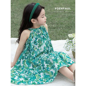 YOEHYAUL X4925 فساتين بناتي بدون أكمام بحزام 1 سنة 1-8 طن أخضر أرجواني طويل طفل رضيع فستان زهري قطني للأطفالYOEHYAUL X4925 Girls Sleeveless Dresses with Belt 1 Year 1-8T Green Purple Long Toddler Baby Floral Cotton Dress for Kids