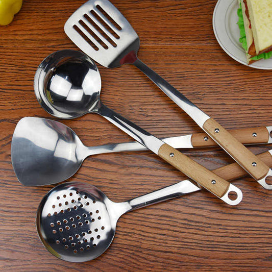 أدوات المطبخ المنزلية من الفولاذ المقاوم للصدأ ، ملعقة بمقبض من الخشب والحبوب ، ومجموعة أدوات المطبخ المجرفةStainless Steel Home Kitchen Tools, Wood Grain Handle Spoon, Kitchen Shovel Tool Set