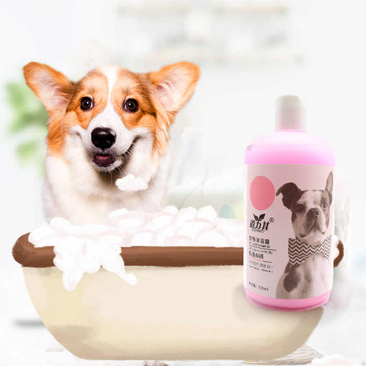 Pet shampoo and conditioner for dogs and cats. Cleaning tools. 