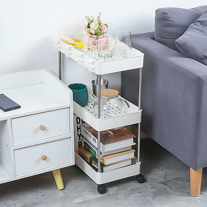Hot Sales Multifunctional Kitchen Narrow Slot Rack Sundries Plastic 3 Tier Slim Storage Unit Shelf Rack with Wheels 