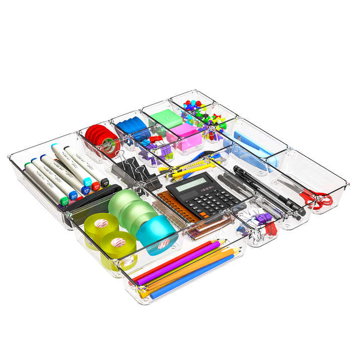 Durable, stackable, clear plastic storage box is space-saving and ideal for home and office organization. 