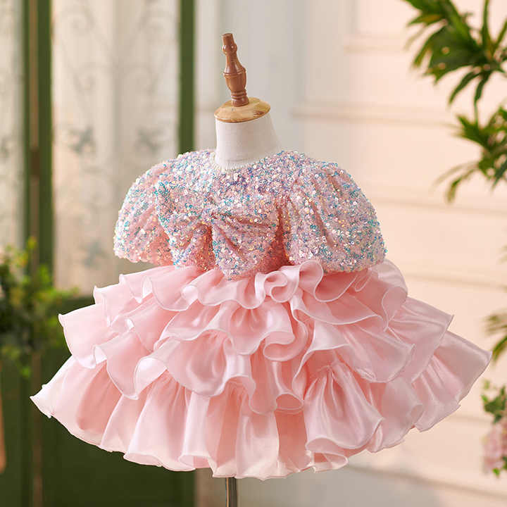 Baby Birthday Tiered Clothing- فساتين صيفية وردية مطرزة بالترتر للفتيات الصغيرات