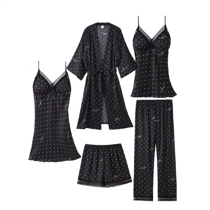 Women's New Five-Piece Imitated Silk Nightgown Suit Fashionable Home Wear with Smooth Nightdress for Sleepwearطقم نوم نسائي جديد مكون من خمس قطع من الحرير الصناعي، ملابس منزلية أنيقة مع قميص نوم ناعم لملابس النوم