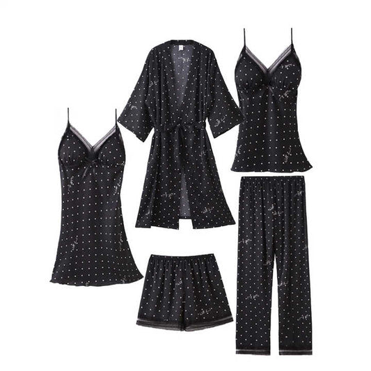 Women's New Five-Piece Imitated Silk Nightgown Suit Fashionable Home Wear with Smooth Nightdress for Sleepwearطقم نوم نسائي جديد مكون من خمس قطع من الحرير الصناعي، ملابس منزلية أنيقة مع قميص نوم ناعم لملابس النوم