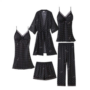 Women's New Five-Piece Imitated Silk Nightgown Suit Fashionable Home Wear with Smooth Nightdress for Sleepwearطقم نوم نسائي جديد مكون من خمس قطع من الحرير الصناعي، ملابس منزلية أنيقة مع قميص نوم ناعم لملابس النوم