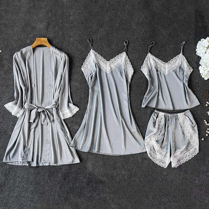 Women's Pajama Sets Silk Satin Sleepwear 4 Pieces Sleepwear Lace Belt Sleep Lounge Pajamas Best Selling 