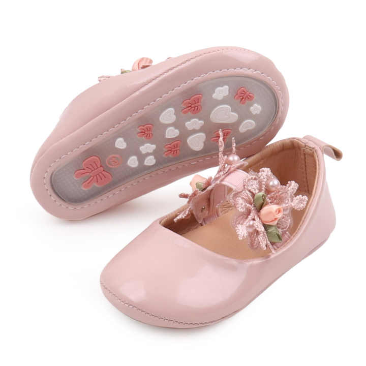 Baby girls solid color design with lace flower and breathable princess shoes 