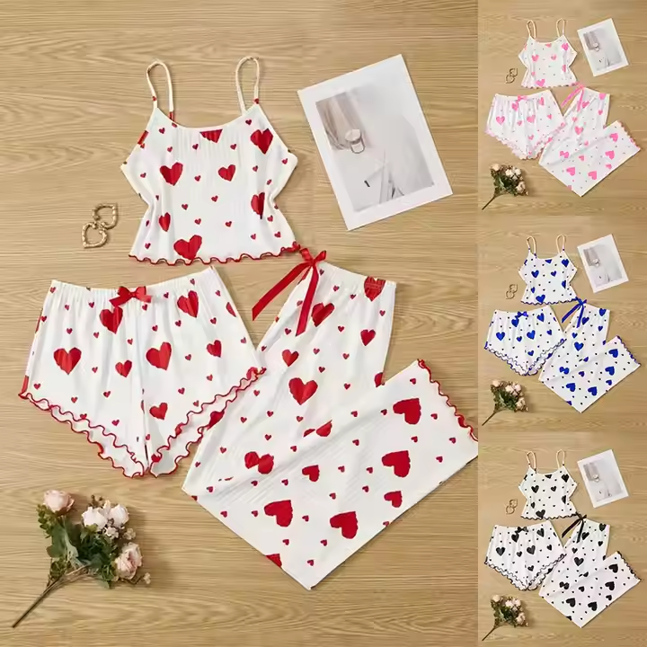 Women's Plus Size Sleepwear Sets Elegant Elastic Waist Summer Pajamas Love Heart Print Soft Knitted Sweet Strapsأطقم ملابس نوم نسائية مقاس كبير أنيقة وخصر مرن بيجامات صيفية للحب طباعة قلب ناعم محبوك بحمالات حلوة