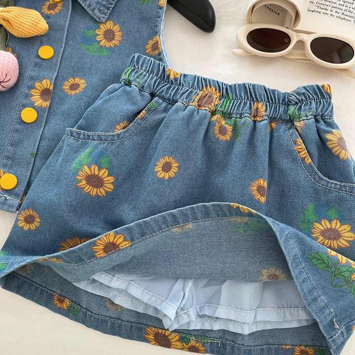 Skirt 2-piece Set Retro Kids girls Clothes Girl-طقم أطفال صيفي من قماش الدنيم الأزرق