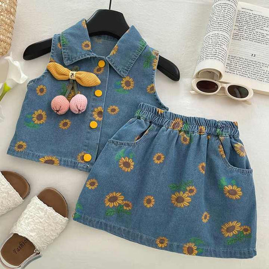 Skirt 2-piece Set Retro Kids girls Clothes Girl-طقم أطفال صيفي من قماش الدنيم الأزرق