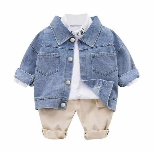 مجموعة ملابس خريفية عصرية مناسبة لعمر 1-5 سنوات جينز للأطفال 3 سنوات 1-5 Years Fashionable Autumn Clothes Set with Jeans Coat and Pants 3 Boys