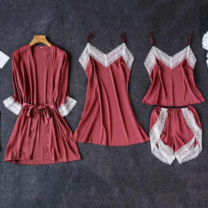 Women's Pajama Sets Silk Satin Sleepwear 4 Pieces Sleepwear Lace Belt Sleep Lounge Pajamas Best Selling 