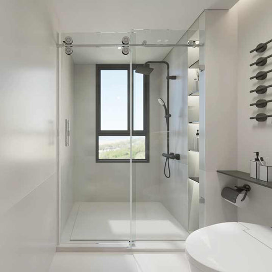 Frameless shower cabin with sliding door
