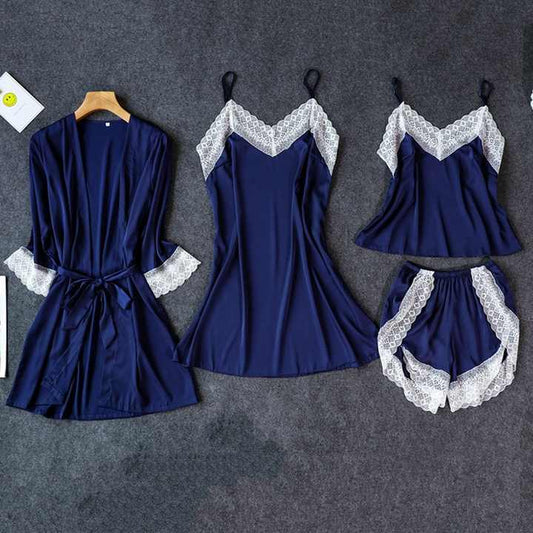 Women's Pajama Sets Silk Satin Sleepwear 4 Pieces Sleepwear Lace Belt Sleep Lounge Pajamas Best Selling 