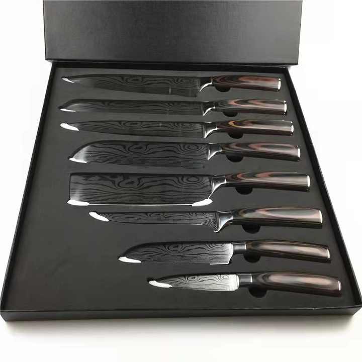 8 Inch 3Cr13 Stainless Steel Kitchen Knife Set, Laser Cut Santoku Slicing Knifeطقم سكاكين مطبخ 8 بوصة 3Cr13 من الفولاذ المقاوم للصدأ ، أداة سانتوكو لتقطيع شرائح بالليزر