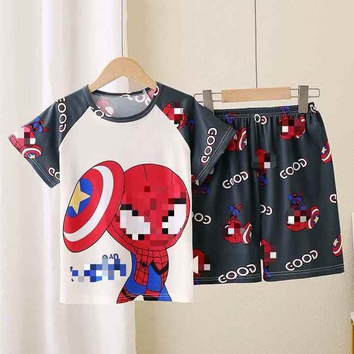 Wholesale Summer Short Sleeve Children's Pajamas Set Cartoon Spider Kt Pika Breathable Boys Girls Kids Pajamas 