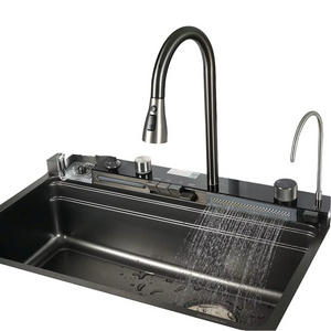 Large stainless steel multi-function kitchen sink for washing vegetables with four holes حوض مطبخ كبير من الفولاذ المقاوم للصدأ متعدد الوظائف لغسيل الخضروات المنزلية بأربعة فتحات