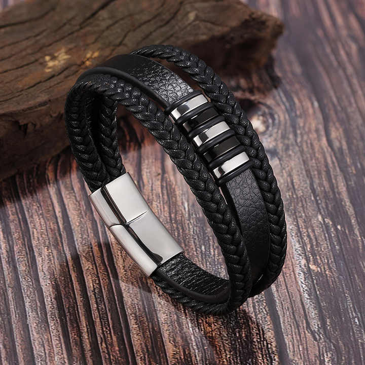 Men's multi-layer woven leather stainless bracelets and bangles. 