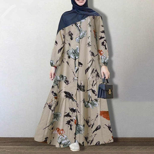 Vintage Muslim Printed Dress Women's-فستان نسائي مطبوع