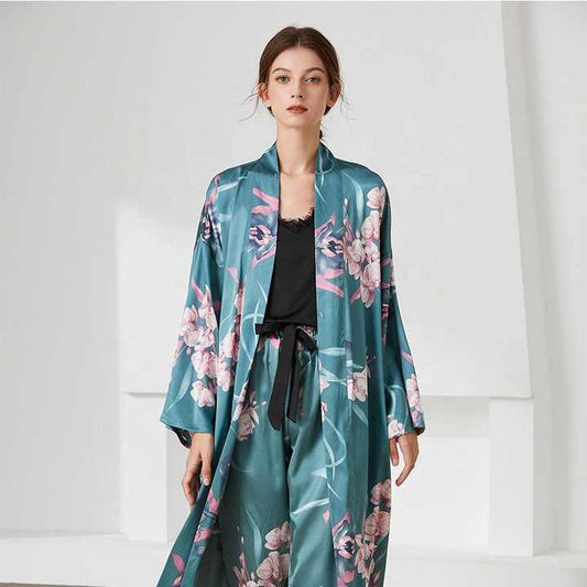 Autumn Sleepwear Women 3 Pieces Silk Sleepwear Pajamas Robe Set Floral Silk Pajamas Night Suit for Women 