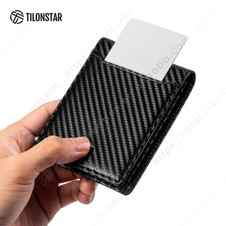 محفظة رجالية جلدية قصيرة قابلة للطي من ألياف . Men's Short Carbon Fiber Leather Bifold Wallet in Black