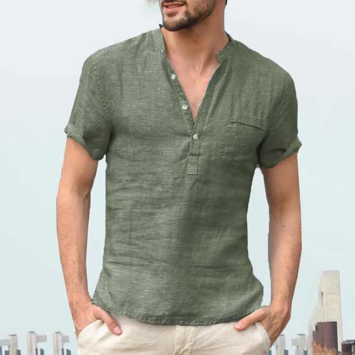 قميص رجالي من القطن والكتان برقبة هينلي . Men's Cotton Linen Henley Neck Pocket Casual Beach