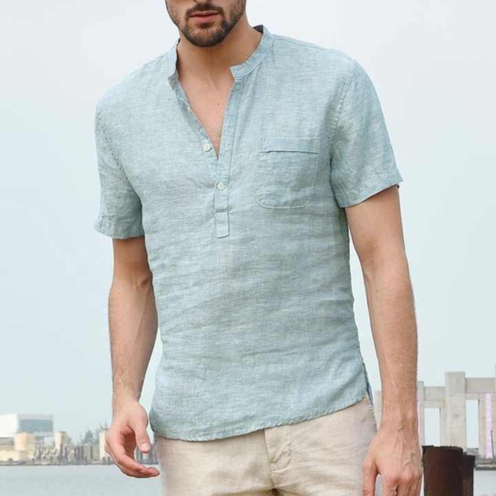 قميص رجالي من القطن والكتان برقبة هينلي . Men's Cotton Linen Henley Neck Pocket Casual Beach