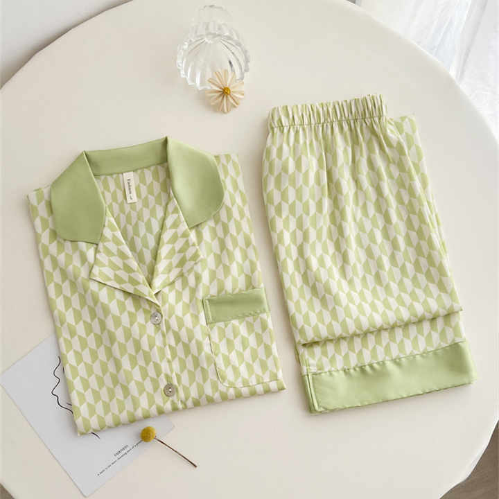 Long Sleeve Long Pants Night Suit Home Wearطقم ملابس نوم نسائية فاخرة من الساتان