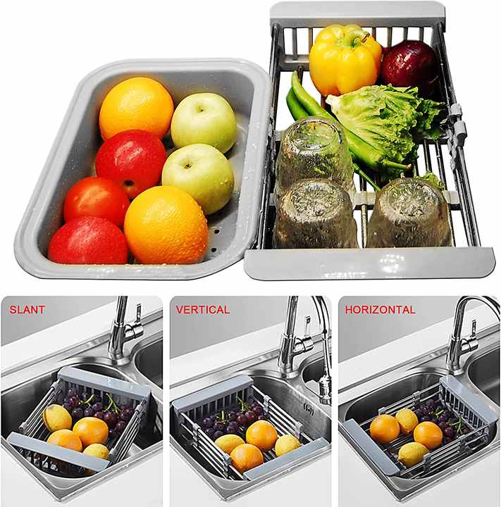 Adjustable sink, dish drainer, stainless steel basket over the sink