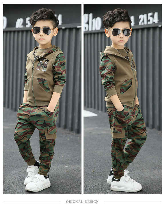 High Quality Custom Kids Clothes Wholesale Camouflage 2 Piece Suit Long Pants Set for Boys 