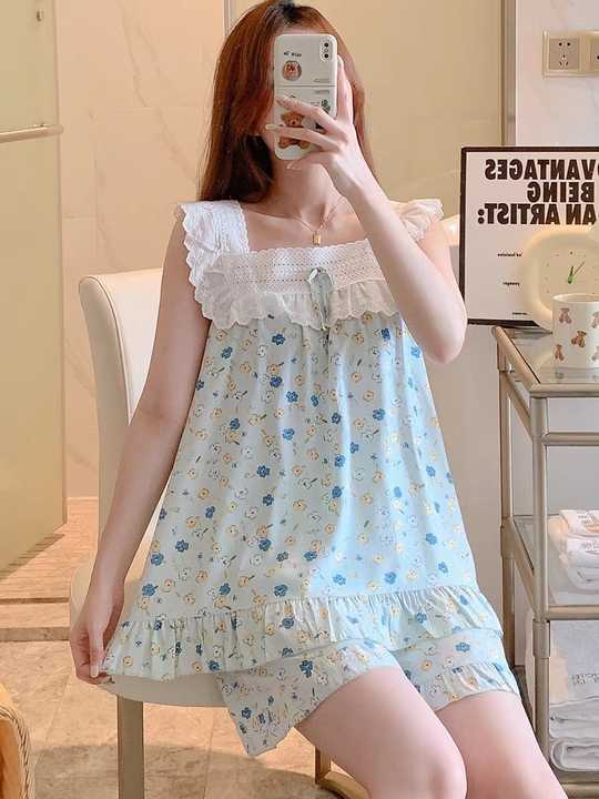 Wholesale Summer Korean Style Women's Pajamas Casual Sweet Cotton Pajamas Short Sleeve   بيجامات نسائية صيفية على الطراز الكوري بيجامات كاجوال قطنية من القطن الحلو بأكمام قصيرة فتحة رقبة على شكل حرفة