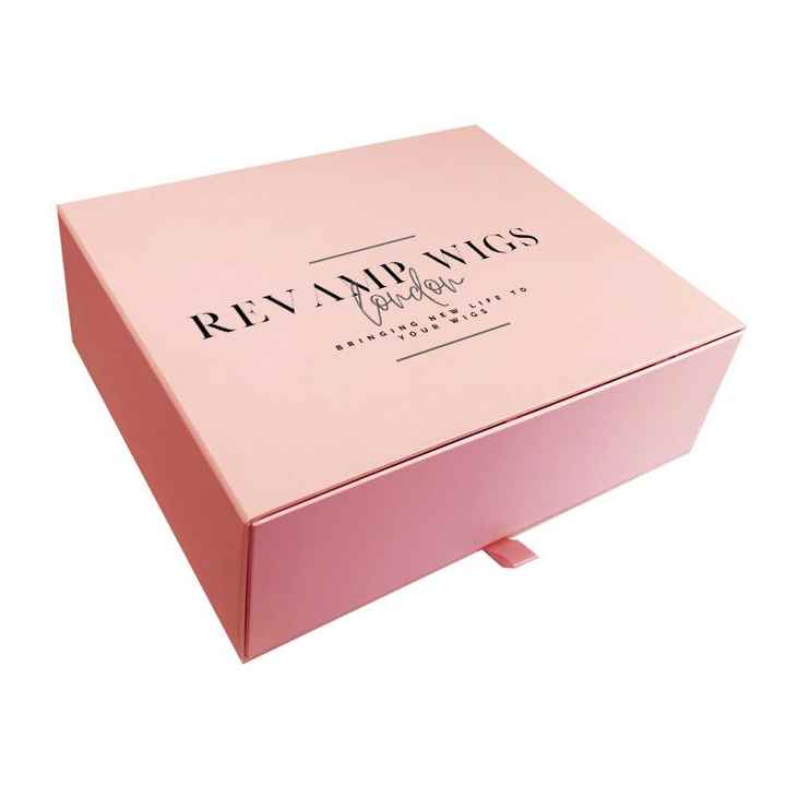 مستعار التمديد انزلاق صندوق بأدراج التعبئة والتغليف وشاح هدية مربع للمجوهرات . Custom Logo Pink Cardboard Wig Extension Sliding