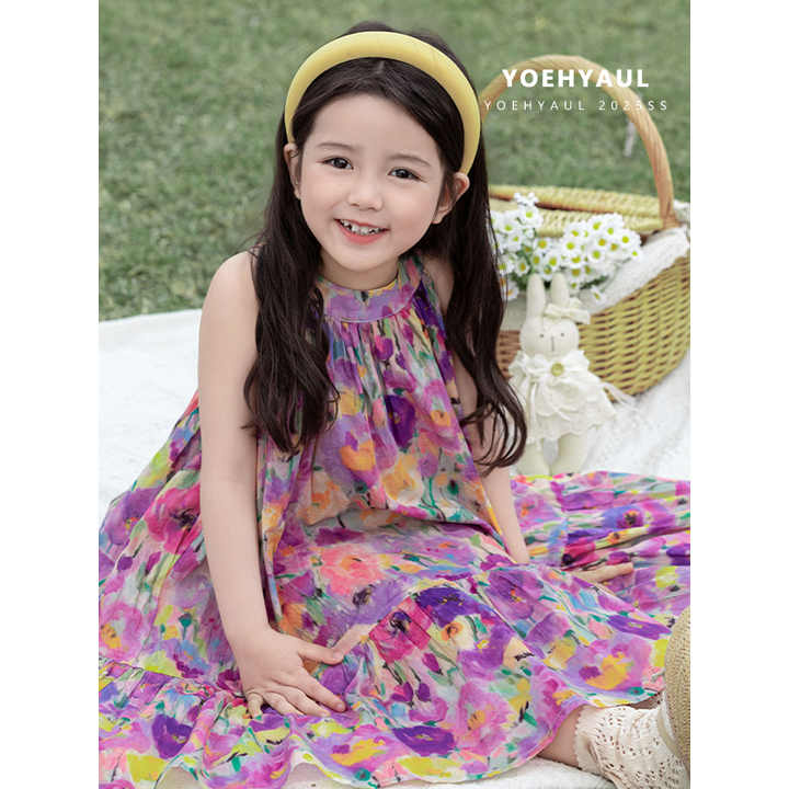 YOEHYAUL X4925 فساتين بناتي بدون أكمام بحزام 1 سنة 1-8 طن أخضر أرجواني طويل طفل رضيع فستان زهري قطني للأطفالYOEHYAUL X4925 Girls Sleeveless Dresses with Belt 1 Year 1-8T Green Purple Long Toddler Baby Floral Cotton Dress for Kids