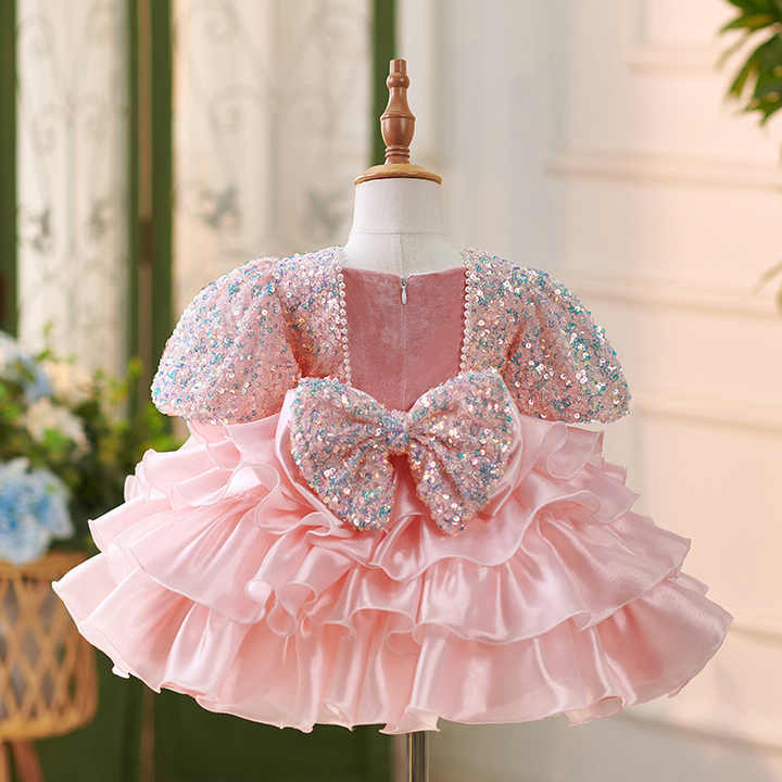 Baby Birthday Tiered Clothing- فساتين صيفية وردية مطرزة بالترتر للفتيات الصغيرات