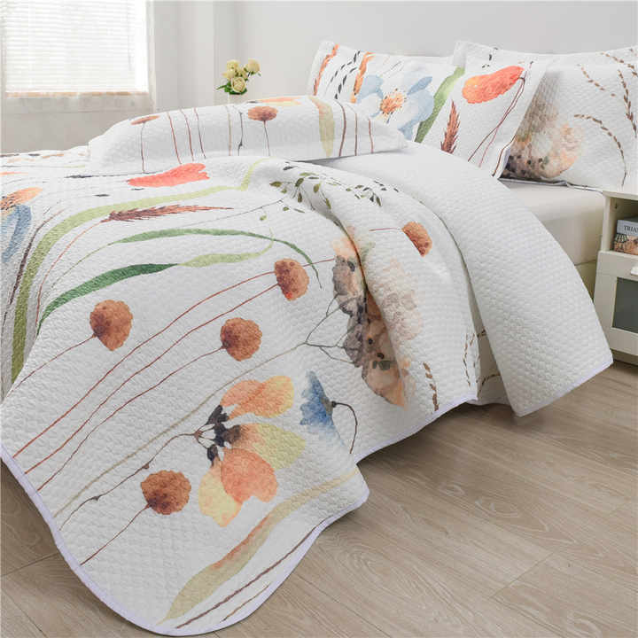3 Piece Jacquard Bedspread Sets, Digital Printed Floral 