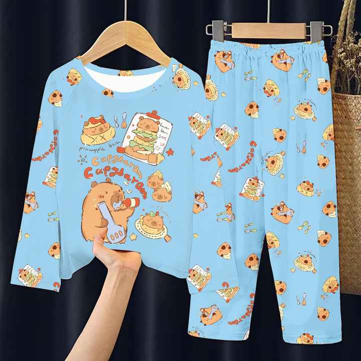 Cartoon Capybara Spring and Summer Children's Thin Long-sleeved Pajamas Set for Boys and Girls Full Printed Home Clothesكارتون كابيبارا الربيع والصيف للأطفال مجموعة ملابس نوم رقيقة طويلة الأكمام للصبيان والفتيات ملابس منزلية مطبوعة كاملة