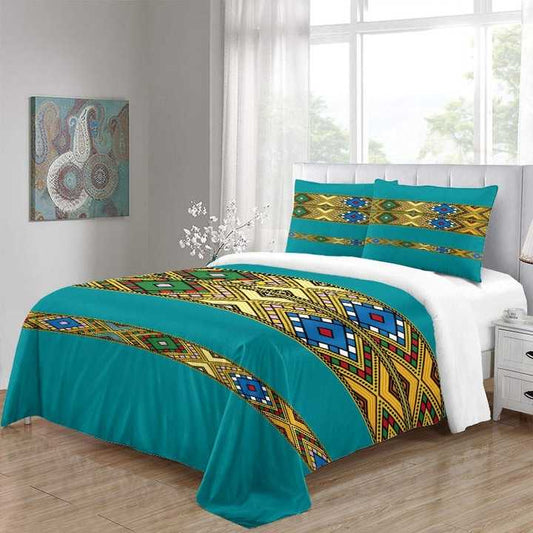 طقم مفارش سرير إثيوبي كامل فاخر مزدوج الملك . Luxury Full Ethiopian Double King Size Bedding Set with 2