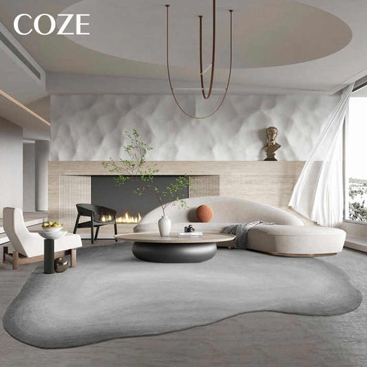 Irregular and uniquely shaped wool rug made especially for the living room, in the French style of Wabi-Sabi. 