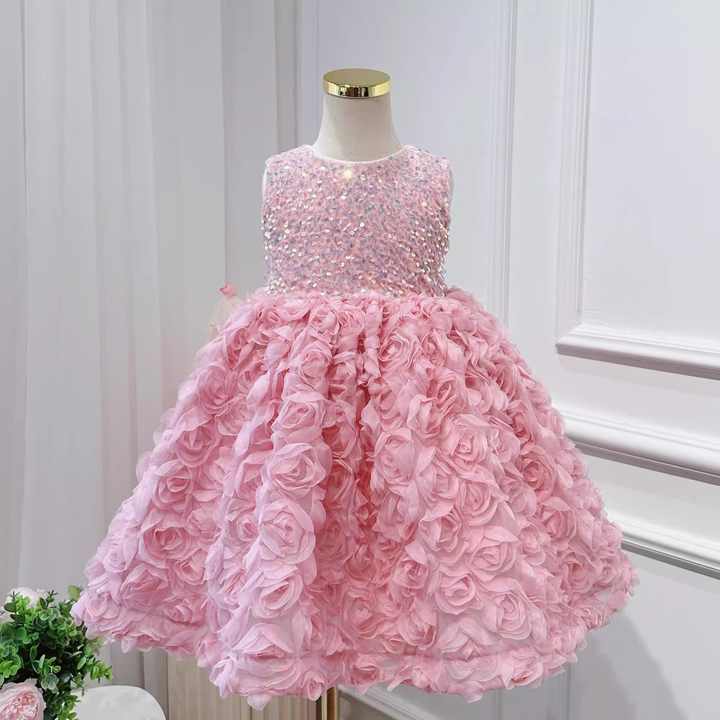 Summer Pink Flower Baby Girl Dresses-فستان صيفي وردي