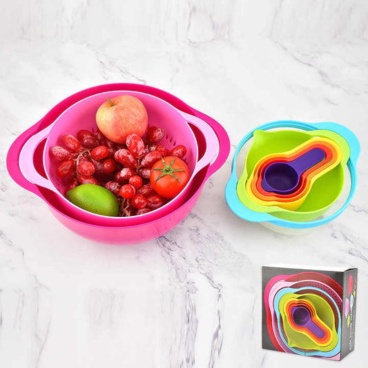 طقم 8 أطباق سلطة متعددة الوظائف لخلط الطعام وعاء تحضير الطعام مع مصفاة غربلة وكأس قياس لإكسسوارات المطبخSet of 8 Multifunctional Salad Bowls for Mixing Food Prep Bowl with Strainer and Measuring Cup for Kitchen Accessories