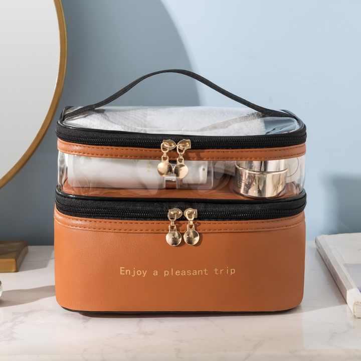 حقيبة مكياج من طبقة مزدوجة شفافة - Double Layer Makeup Bag Portable Travel