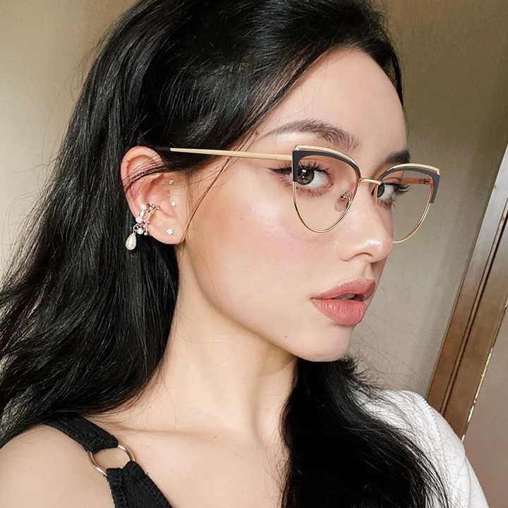 Women's Alloy Gold Cat Eye Anti-Blue Light Blocking Glasses, Anti-Blue Light Blocking, Spring Hinges 