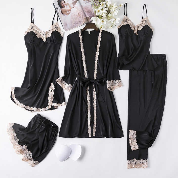 5 Pieces Summer Pajama Suit Sleepwear Girls Sexy Ladies Pajamas Nightgown Silk Satin Women Sleepwear Set with Robe5 قطع بدلة بيجامة صيفية ملابس نوم الفتيات مثير السيدات بيجامة ثوب نوم الحرير الساتان النساء مجموعة ملابس النوم مع رداء