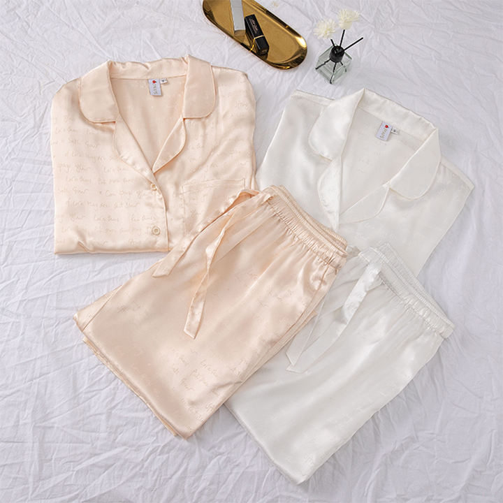 Huoyoung pajamas set, women's bedroom sets, two-piece jacquard pajamas, a pajamas suit of silk and satin, soft sleepwear for women 